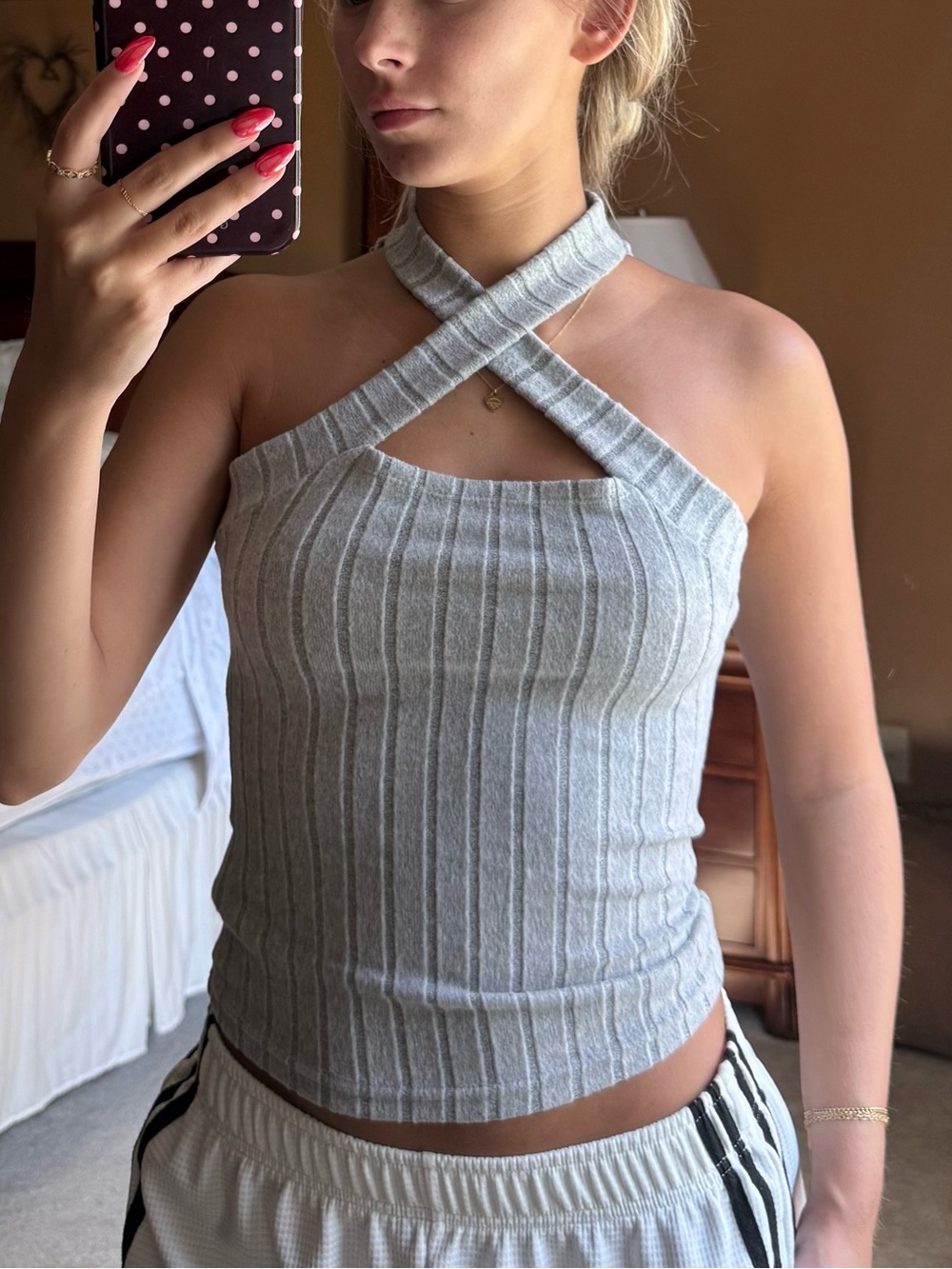 SHEIN Gray Ribbed Crisscross Halter Tank Top